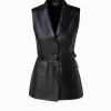 AKRIS Collared V-Neck Lamb Nappa Leather Belted Gilet