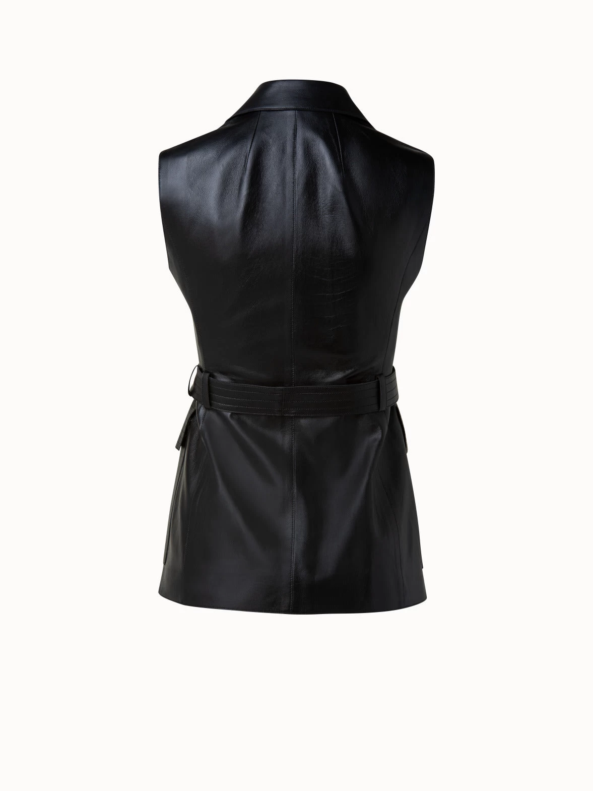 AKRIS Collared V-Neck Lamb Nappa Leather Belted Gilet - Image 2