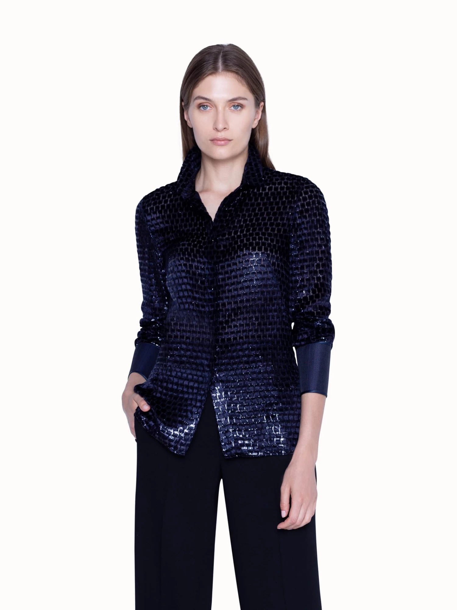 AKRIS Blouse In Silk Velvet Dévoré With Horsehair Cuff