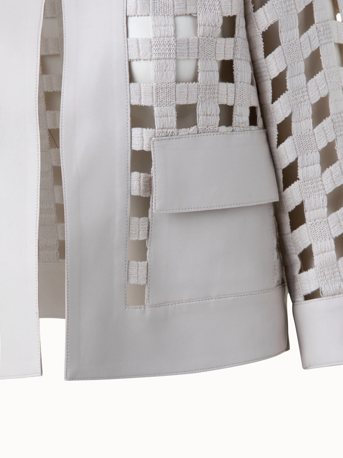 AKRIS Wool Open Grid Embroidery Leather Trim Jacket - Image 6