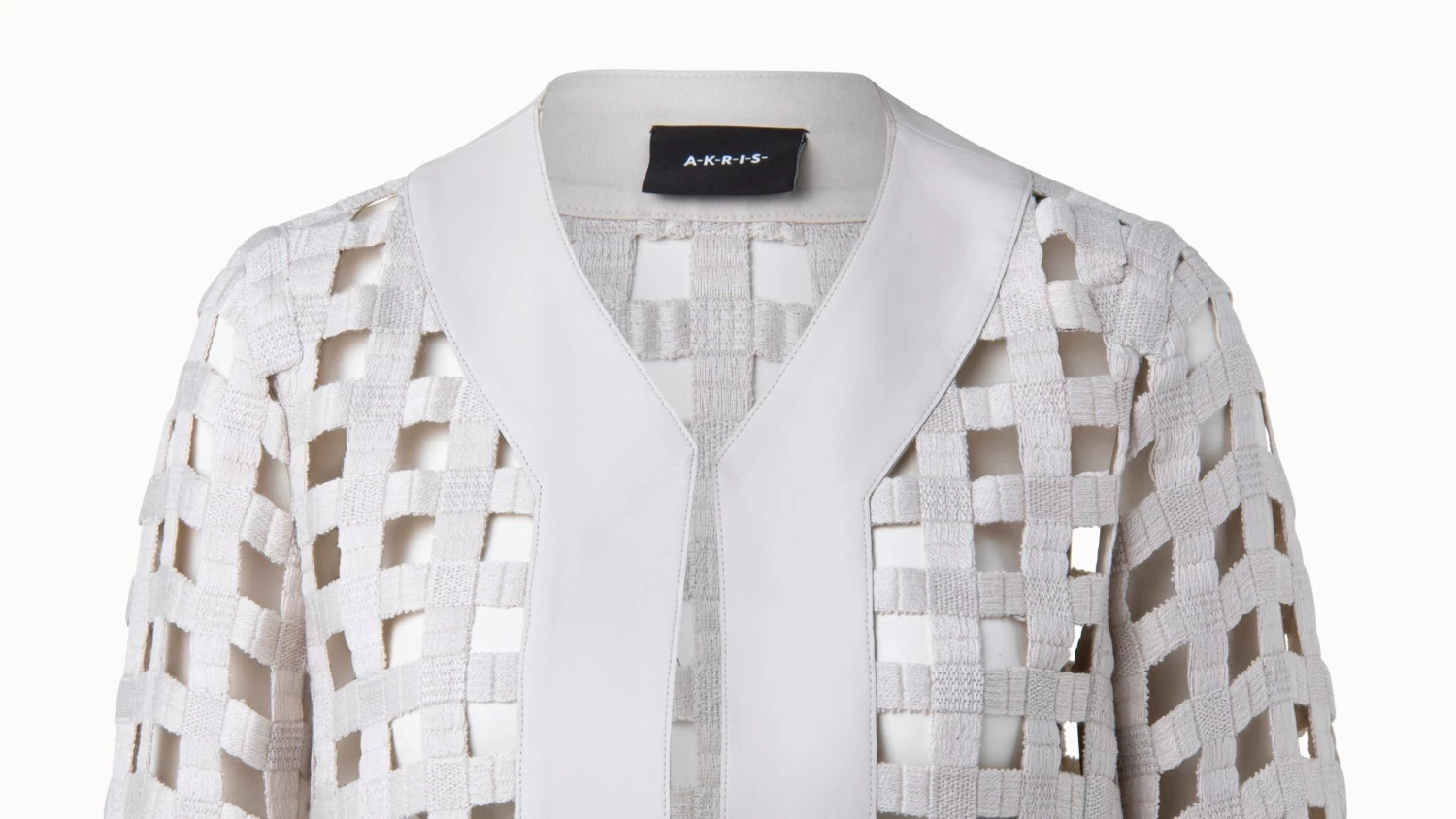 AKRIS Wool Open Grid Embroidery Leather Trim Jacket - Image 4