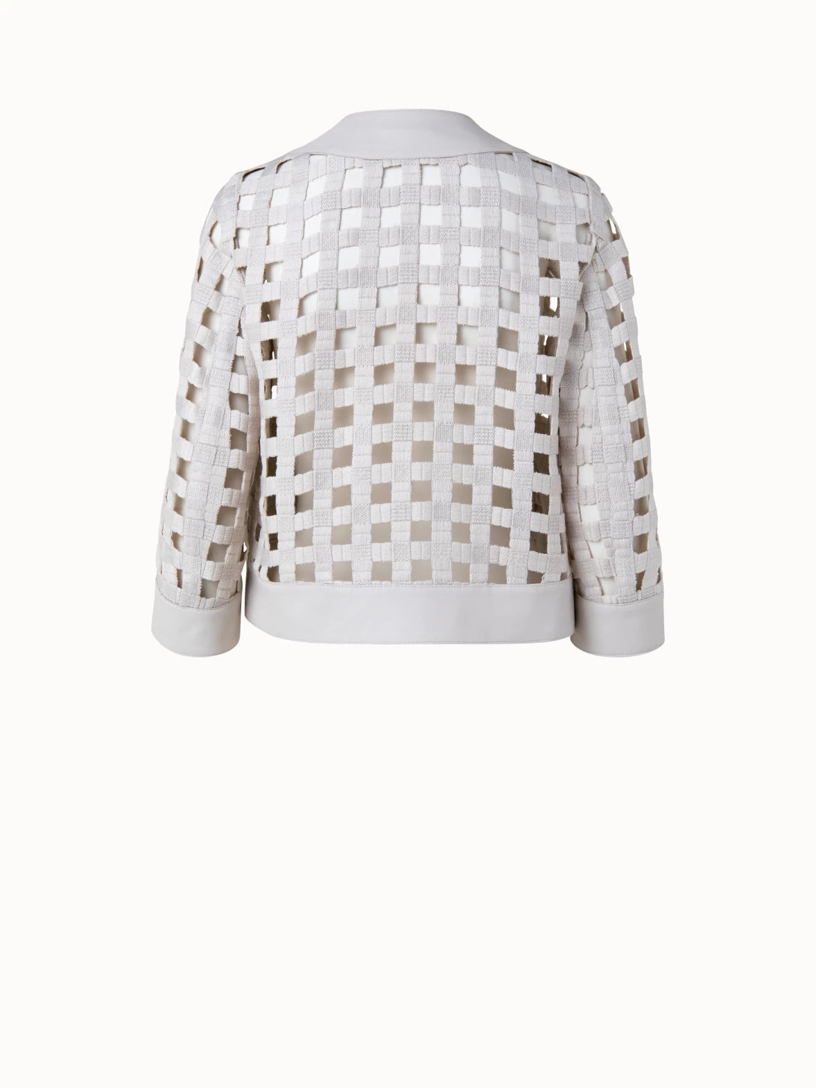 AKRIS Wool Open Grid Embroidery Leather Trim Jacket - Image 3