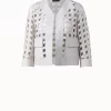 AKRIS Wool Open Grid Embroidery Leather Trim Jacket
