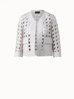 AKRIS Wool Open Grid Embroidery Leather Trim Jacket