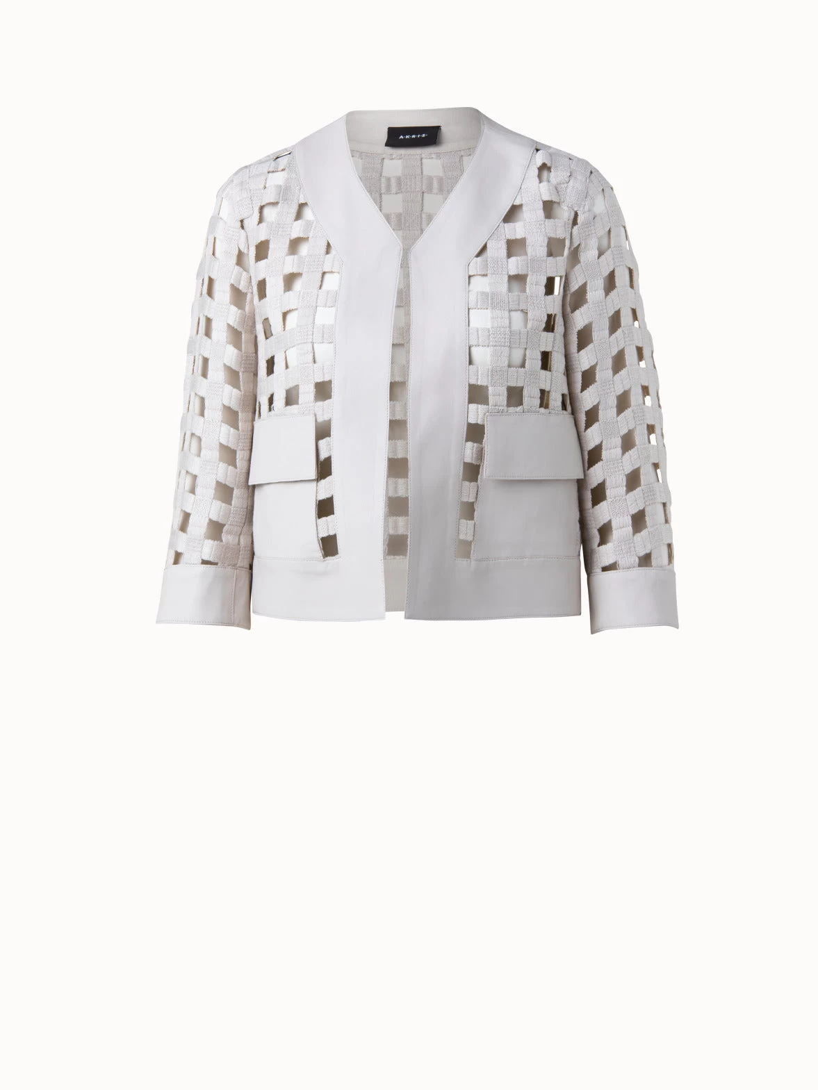 AKRIS Wool Open Grid Embroidery Leather Trim Jacket