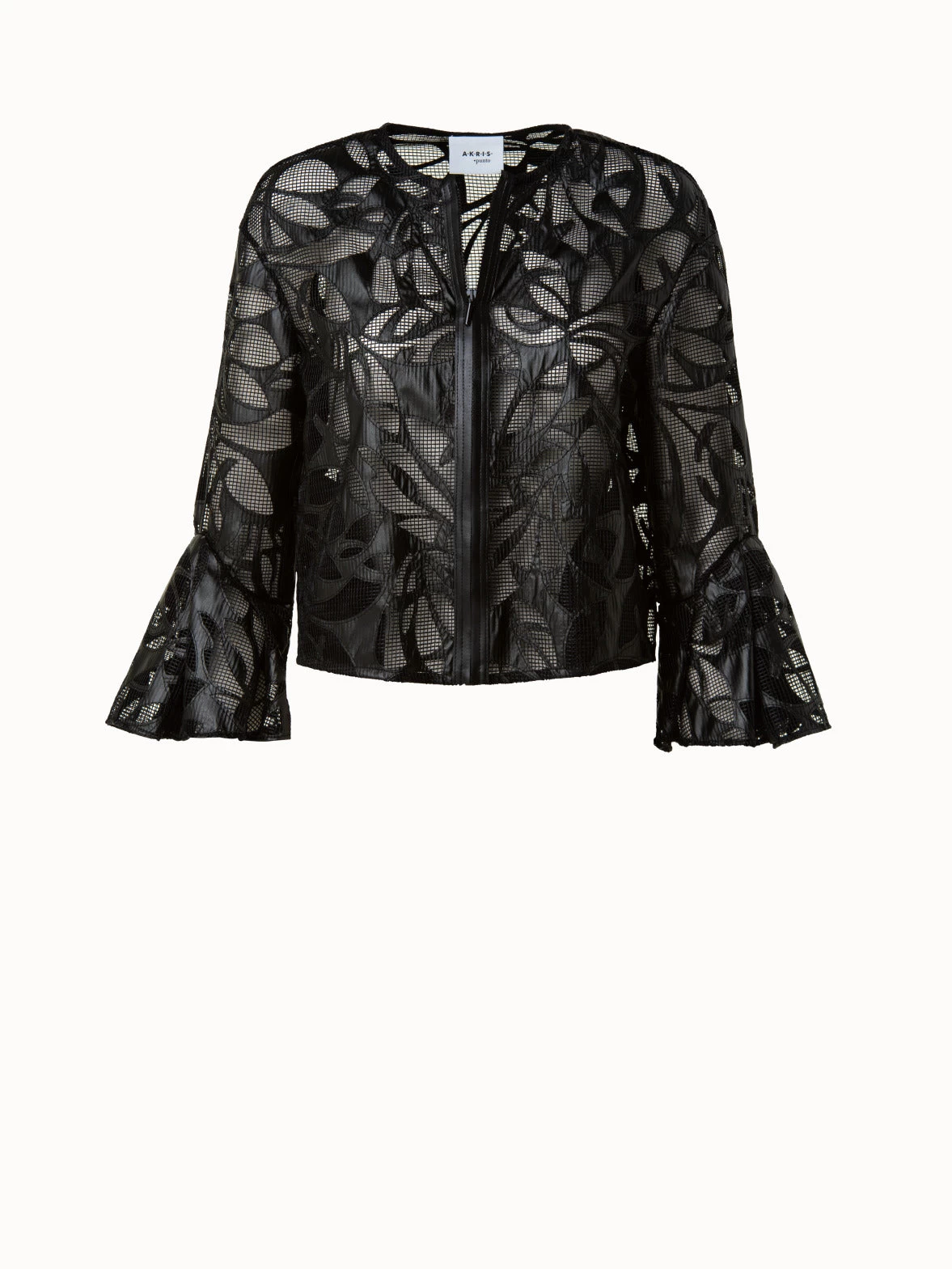 Boxy Jacket In Vegan Leather Leaves Cutouts On Techno Mesh