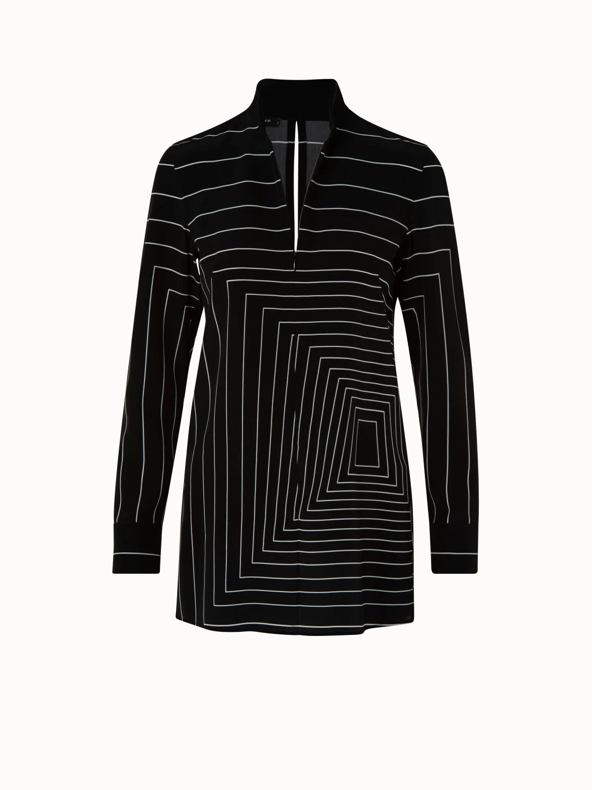 AKRIS Silk Crêpe Trapezoid Square Print Tunic Blouse With Front Zip Collar