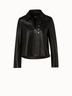 AKRIS Lamb Leather Jacket With Shirt Collar And Button Detail