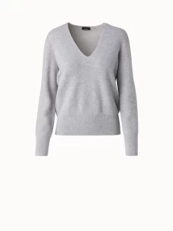 AKRIS Cashmere Lurex Ribbed V-Neck Knit Pullover