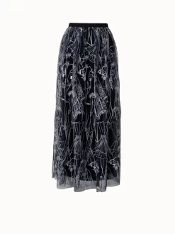 AKRIS Techno Tulle Long Skirt With Croquis Embroidery