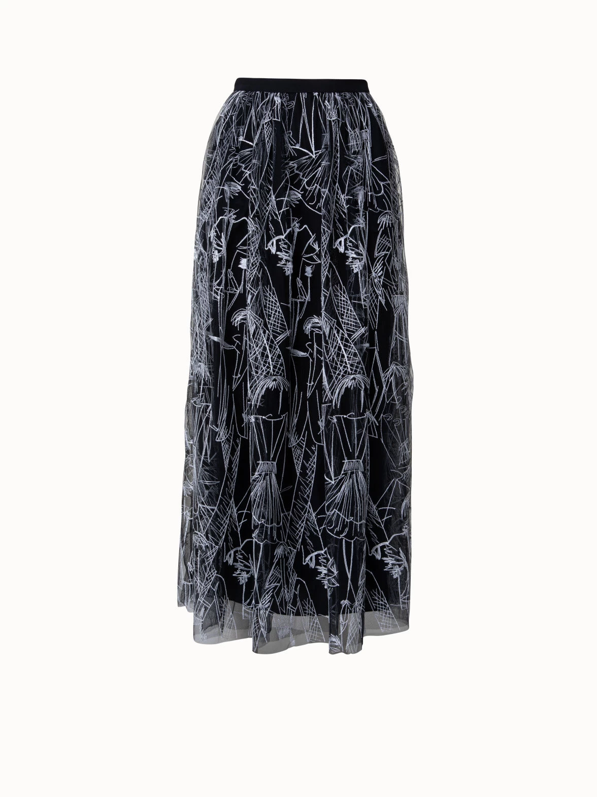 AKRIS Techno Tulle Long Skirt With Croquis Embroidery