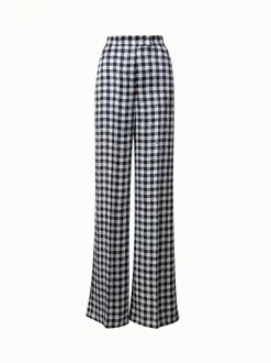 AKRIS Silk Satin Wide Leg Pants With Tweed Check Print