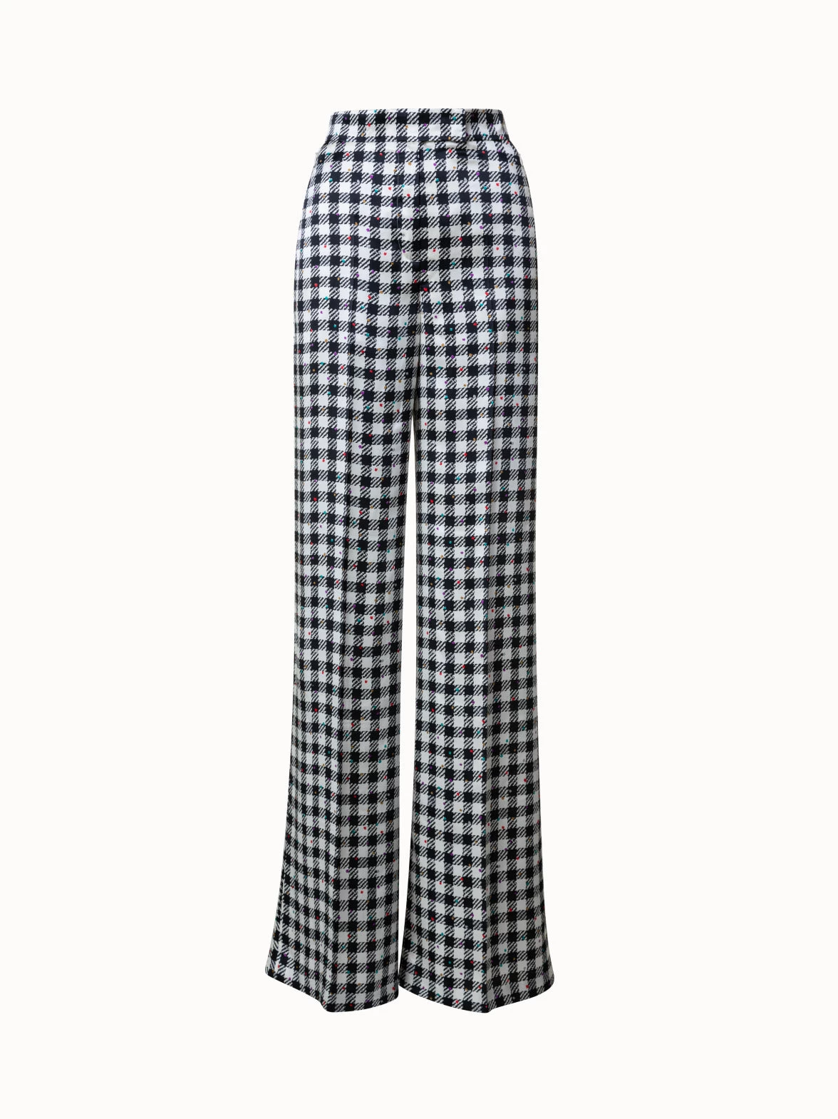 AKRIS Silk Satin Wide Leg Pants With Tweed Check Print