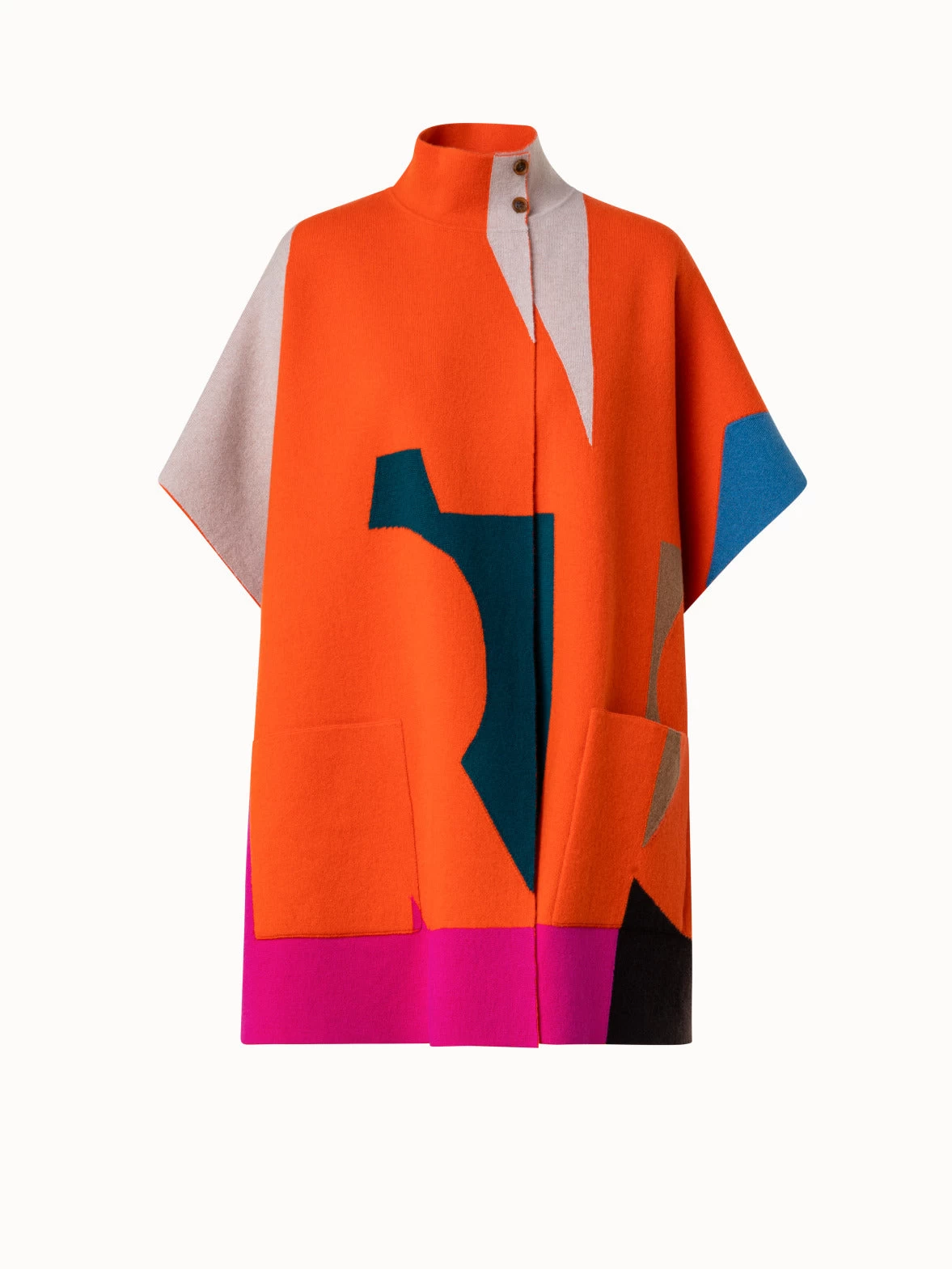 AKRIS Reversible Cashmere Knit Composed Letters Intarsia Double-Face Cape - Image 2
