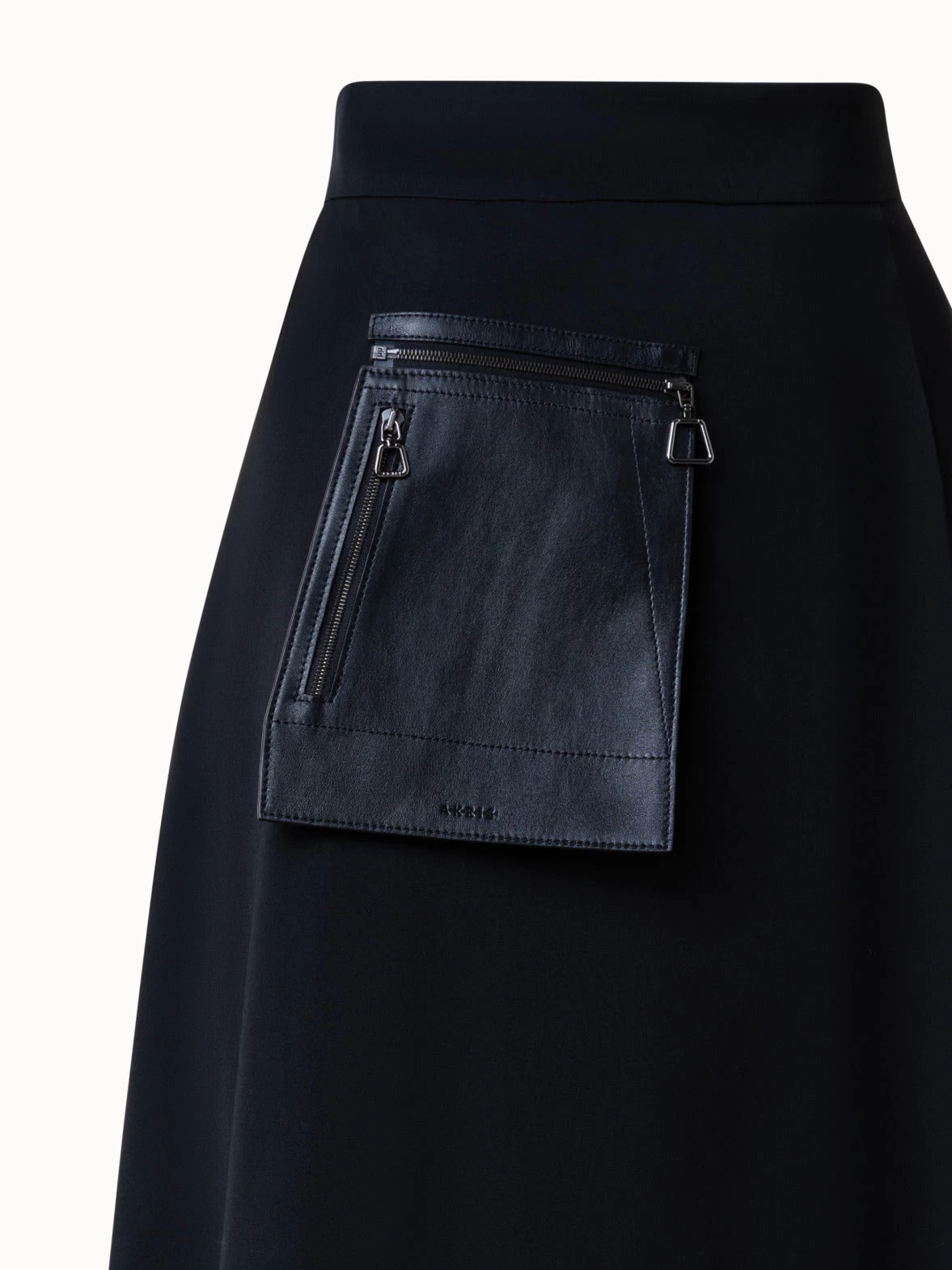 AKRIS Wool Gabardine Asymmetrical Midi Skirt With Leather Pocket - Image 4