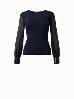 AKRIS Knit Silk Blouse With Sheer Tulle Sleeves