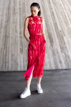 AKRIS Houndstooth Embroidery On Tulle Midi Dress