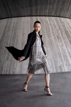 AKRIS Silk Satin Shirt Dress With Tweed Check Print