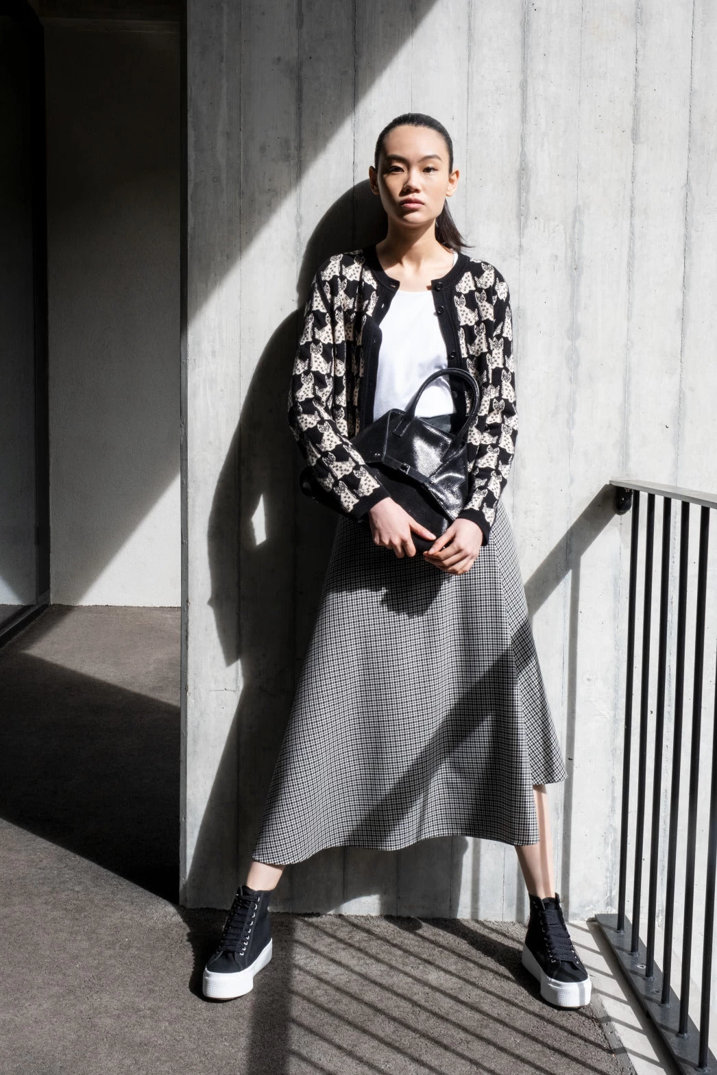 AKRIS Microcheck Wool Asymmetrical Midi Skirt