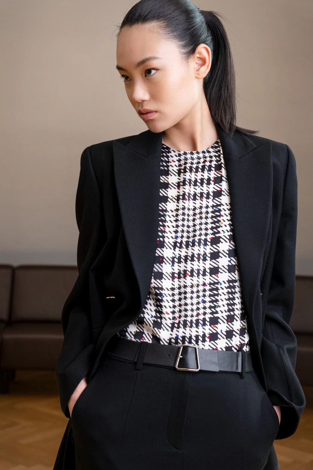 AKRIS Silk Satin Blouse With Tweed Check Print